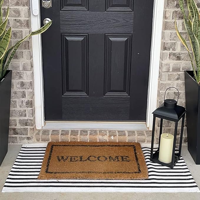 Black and White Outdoor Rug 2' x 4.3' Striped Front Porch Rug Hand-Woven Cotton Rug Machine Washable Floor Mat Indoor/Outdoor Area Rug for Layered Door Mats/Farmhouse/Living Room (2' x 4.3')