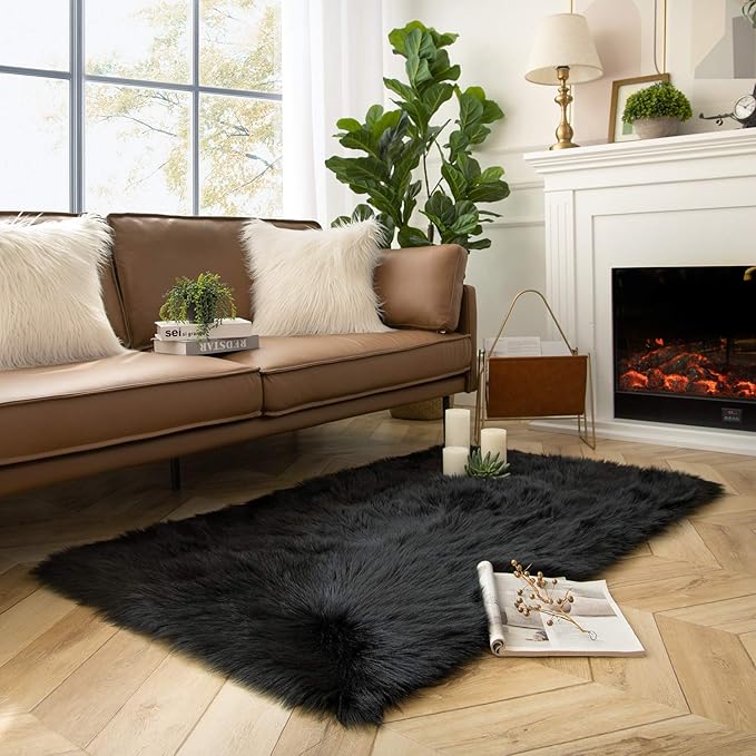 Ashler faux fur rug, Fluffy Shaggy Area Rug Ultra Soft 3 x 5 Feet Rectangle Fur Rug Black Fuzzy Rug Machine Washable Shag Rug, Nursery Decor Throw Rugs for Bedroom, kids room, Living Room