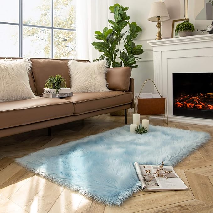 Ashler faux fur rug, Fluffy Shaggy Area Rug Ultra Soft 3 x 5 Feet Rectangle Fur Rug Light Blue Fuzzy Rug Machine Washable Shag Rug, Nursery Decor Throw Rugs for Bedroom, kids room, Living Room
