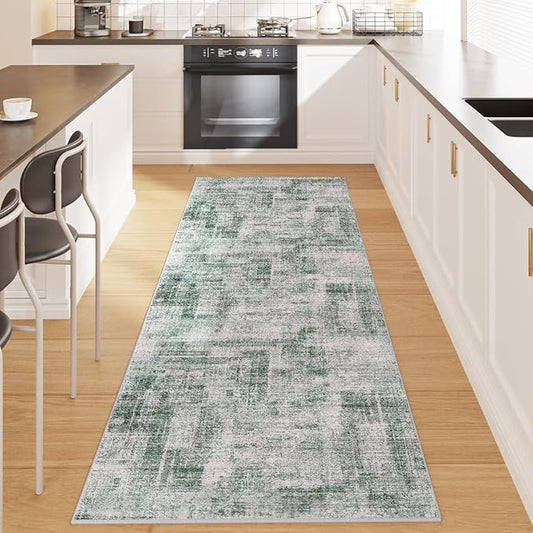 Eleisa Modern Abstract 2x8 Hallway Runner Rug, Green & Ivory, Non-Slip Washable Low Pile Rugs, Vintage Rug Hallway Indoor Carpet for Kitchen, Entryway and Laundry Room