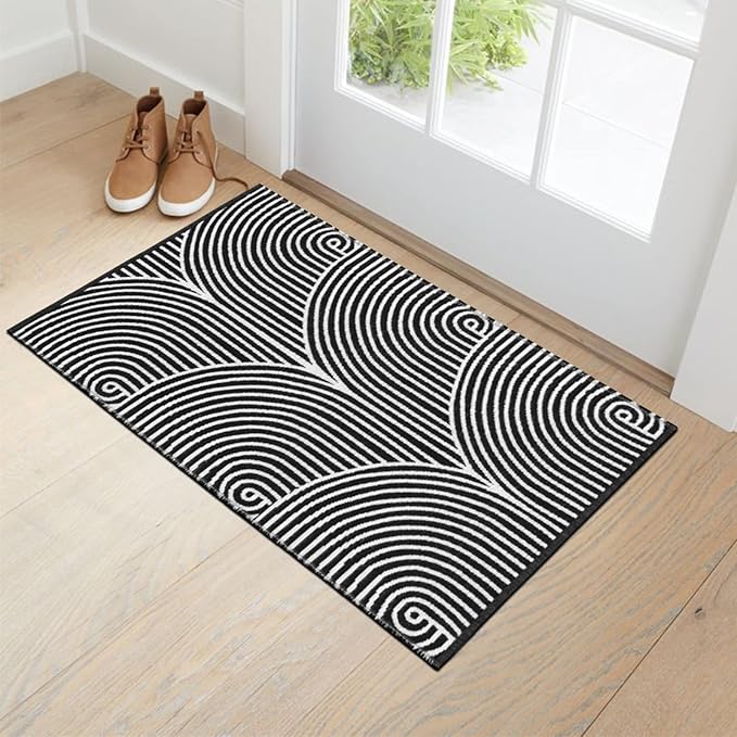 Tiffasea Front Door Mat 2'x3', Machine Washable Welcome Mats Cotton Woven Small Rug Reversible Indoor Outdoor Rugs Layered Floor Mat for Entryway/Kitchen/Bathroom/Bedroom(Black and White)