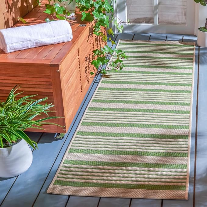 SAFAVIEH Courtyard Collection Runner Rug - 2'3' x 6'7', Green & Beige, Stripe Design, Non-Shedding & Easy Care, Indoor/Outdoor & Washable-Ideal for Patio, Backyard, Mudroom (CY6062-244)
