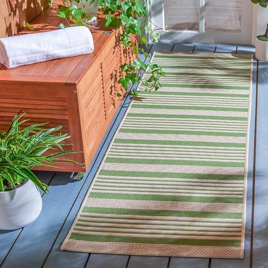 SAFAVIEH Courtyard Collection Runner Rug - 2'3' x 6'7', Green & Beige, Stripe Design, Non-Shedding & Easy Care, Indoor/Outdoor & Washable-Ideal for Patio, Backyard, Mudroom (CY6062-244)