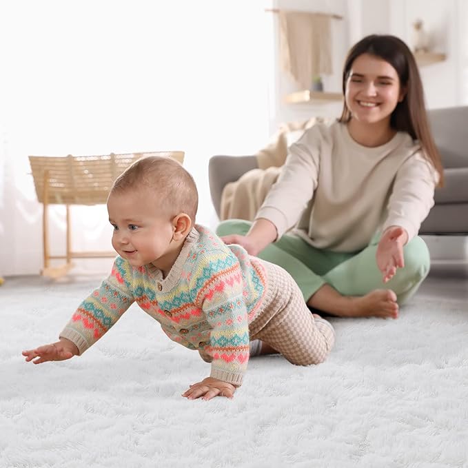 YJ.GWL Area Rugs for Living Room Bedroom, 5x8 Machine Washable Large White Carpet, Soft Fluffy Shaggy Thick Big Shag Indoor Floor Rug for Kids Boy and Girls Room Dorm Home Decor Aesthetic