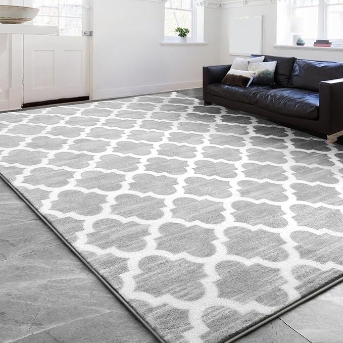 Geometric Shag Modern Area Rug for Living Room Bedroom, 3x5 Distressed Moroccan Fluffy Rug Indoor Carpet for Kids Nursery Bedside Room Decor, Memory Foam Super Soft Shaggy Rugs, Grey/White