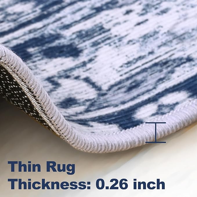 YJ.GWL Doormat Boho Area Rug 2x3, Machine Washable Small Low Pile Lightweight Thin Entryway Rug, Floral Vintage Distress Print Pattern Carpet for Entrance Kitchen Bedroom, Blue/White