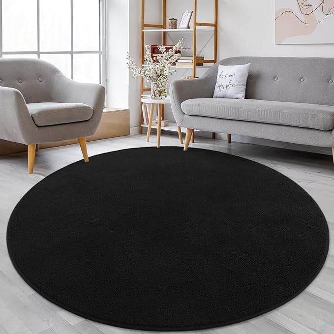 Lascpt Round Rug for Bedroom 4x4, Black Circle Rug for Living Room Super Soft Thicken Memory Foam Circular Rug, Non-Slip Indoor Area Rug for Modern Home Decor, Round Carpet for Nursery Kid's Room