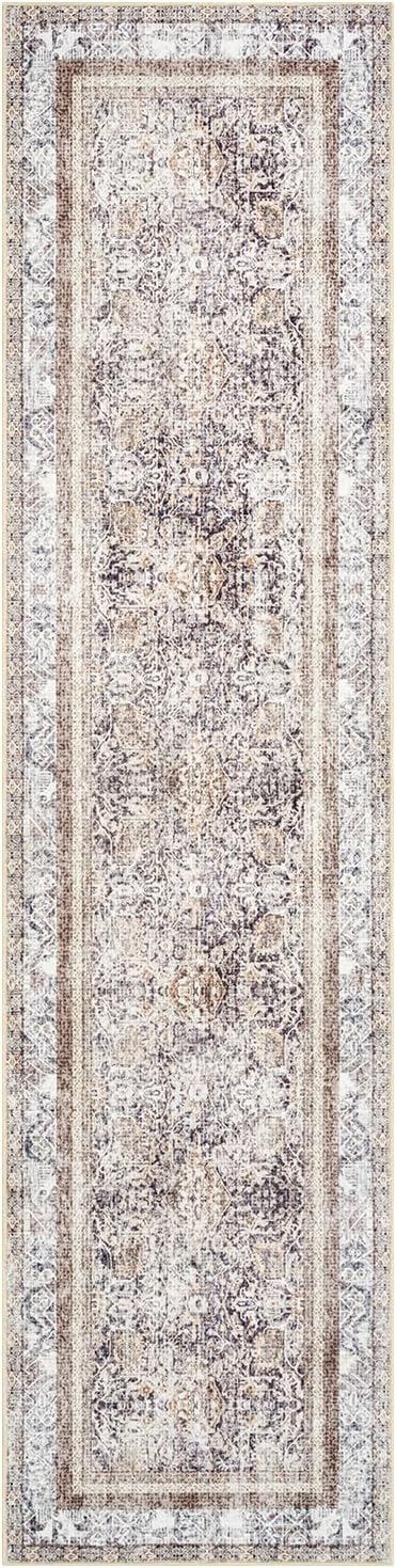 Phantoscope Hallway Runner Rug 2'x8' - Boho Washable Non-Slip Kitchen Rug Runner, Ultra-Thin Vintage Distressed Accent Throw Rug for Entryway Laundry Bathroom Bedroom, Light Brown
