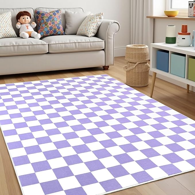 Terrug Purple and White Checkered Rug for Living Room Bedroom, 3x5 Soft Washable Area Rug with Non Slip, Low Pile Stain Resistance Carpet for Kids Room Entryway Kitchen Dorm