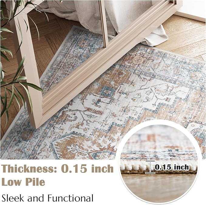 jinchan Hallway Runner Rug 2x10 - Kitchen Machine Washable Vintage Floral Non-Slip with Rubber Backing Ultra-Thin Carpet for Bedroom Laundry Room Living Room (2x10ft,Orange)