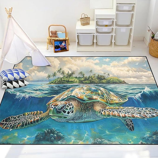 Sea Turtle Coastal Rug - Kids Sea Turtle Rugs for Bedroom Island Ocean Life Theme Carpet for Living Room Classroom, 70" L x 55" W