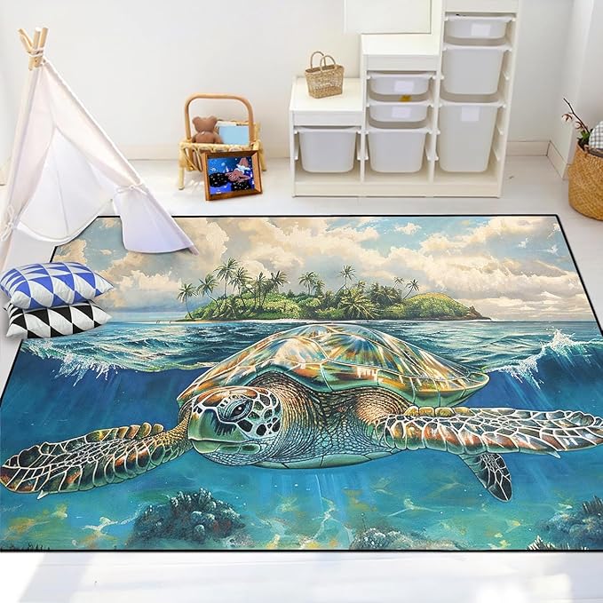 Sea Turtles Rug - Sea Turtle for Kids Boys Coastal Rugs for Bedroom Island Ocean Life Theme Decor Ocean Carpet Rug, 63" L x 47" W