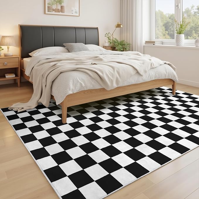 Terrug Black and White Checkered Rug for Living Room Bedroom, 5x7 Soft Washable Area Rug with Non Slip, Low Pile Stain Resistance Carpet for Kids Room Entryway Kitchen Dorm