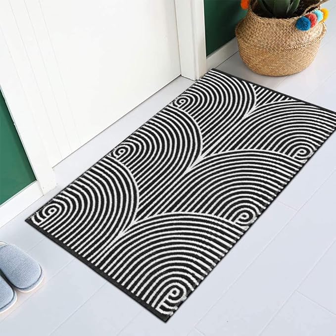 Tiffasea Front Door Mat 2'x3', Machine Washable Welcome Mats Cotton Woven Small Rug Reversible Indoor Outdoor Rugs Layered Floor Mat for Entryway/Kitchen/Bathroom/Bedroom(Black and White)