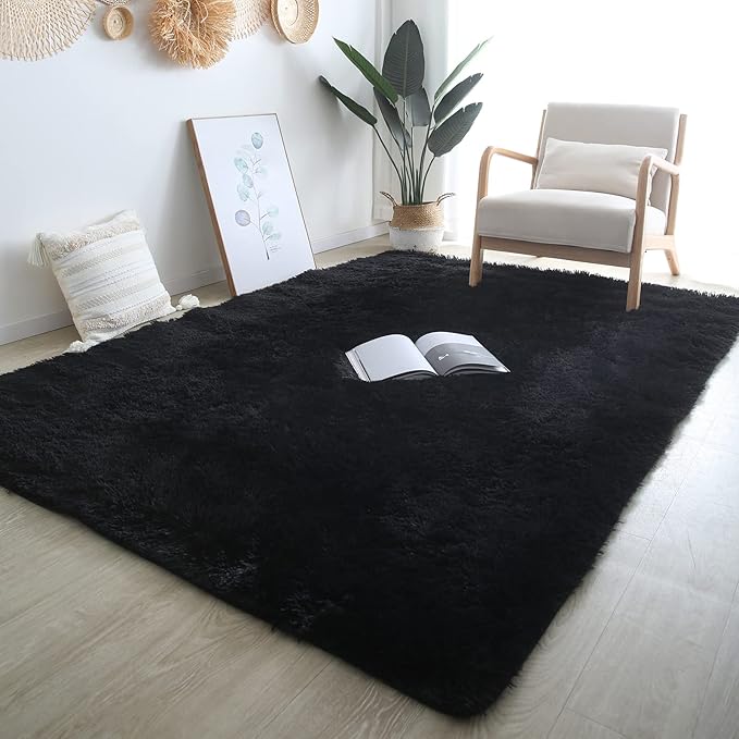 Black Area Rug for Living Room: 5x8 Black Fluffy Area Rugs for Bedroom-Shag Area Rug,Indoor Ultra Soft Fluffy Plush Carpet for Living Room,Bedroom (5x8 Feet, Black)