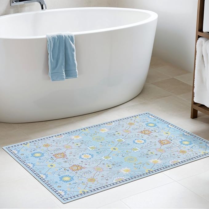 Syalife 2x3 Area Rugs, Non Slip Washable Small Rugs for Entryway, Kitchen, Bathroom, Kids Room, Low Pile Entry Throw Rug Indoor Front Door Mat (Blue Floral, 2'x3')