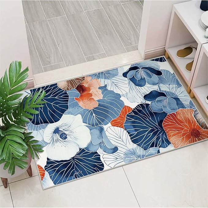 2x3 Entryway Rug Boho Botanical Leaf Japanese Navy Blue Orange Area Rug Ultra-Thin Soft Small Carpet Bathroom Non Slip Indoor Entrance Low Pile Door Mat Kitchen Stain Resistant Washable Machine