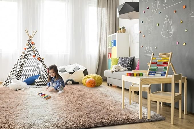 TWINNIS Super Soft Shaggy Rugs Fluffy Carpets, 4x5.9 Feet, Indoor Modern Plush Area Rugs for Living Room Bedroom Kids Room Nursery Home Decor, Upgrade Anti-Skid Rectangular Fuzzy Rug, Tan White