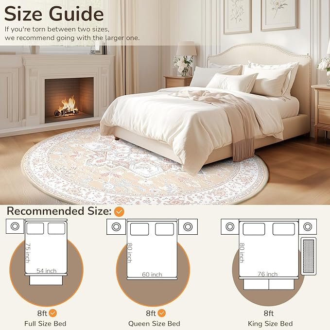 BESTSWEETIE 8ft Area Rugs for Living Room Washable Non Slip Carpet Low Pile Soft Vintage Print Pattern Rug for Bedroom Dining Room Kitchen Entryway Indoor-Cream/Light Yellow/Brown/Blue/Red/Pink