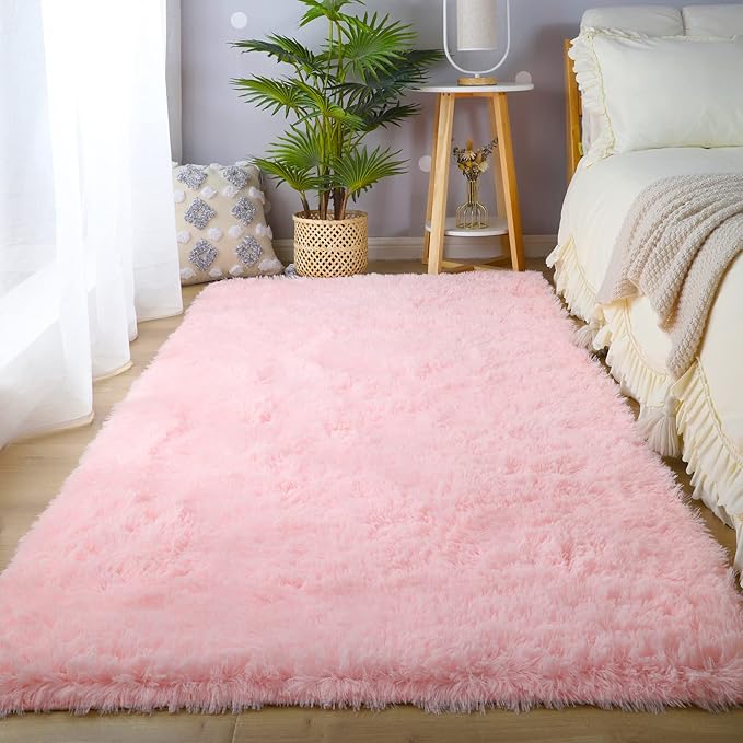 Soft Pink Rug for Girls Bedroom - 3x5 Feet Fuzzy Shag Area Rugs for Living Room,Large Comfy Non Slip Furry Plush Bedside Floor Carpet for Kids Baby Dorm Room