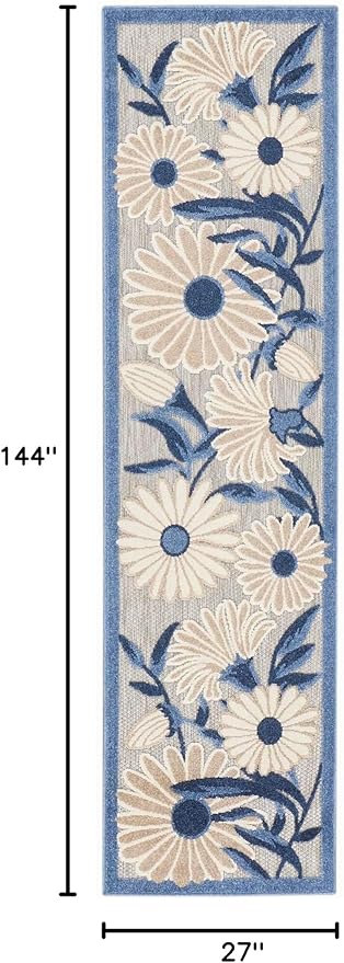 Nourison Aloha Outdoor Blue Grey 2'3" x 12' Area Rug, Easy Cleaning, Non Shedding, Bed Room, Living Room, Dining Room, Deck, Backyard, Patio (2x12)