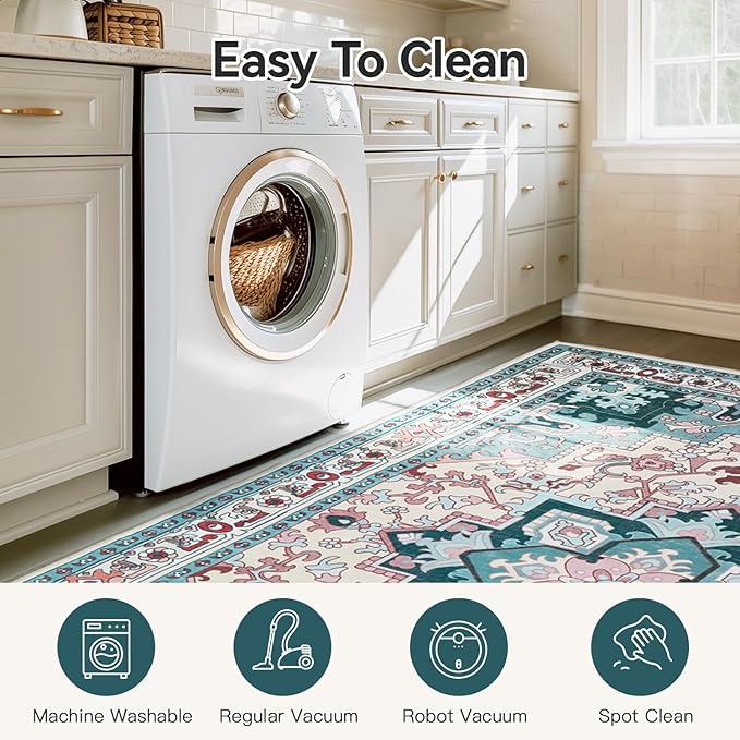 3x5 Area Rug, Vintage Floral Rug for Living Room, Small Area Rugs for Bedroom, Non-Slip Washable Rug, Traditional Persian Boho Style, Fluffy Low-Pile Soft Carpet, Light Blue