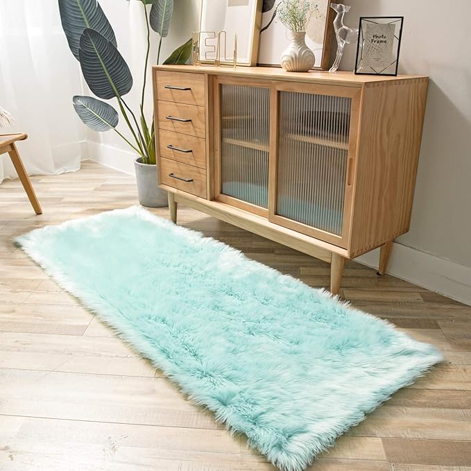 Ashler faux fur rug, Fluffy Shaggy Area Rug Ultra Soft 2.2 x 6 Feet Rectangle Fur Rug, Turquoise Fuzzy Rug Machine Washable Shag Rug, Nursery Decor Throw Rugs for Bedroom, kids room, Living Room