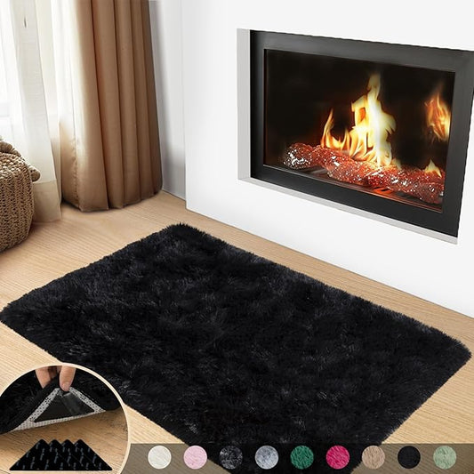 Black Rugs for Bedroom, 2x3 Feet Fluffy Area Rugs for Living Room, Soft Shag Kids Rug Small Carpet with 4 Non-Slip Rug Pads (2ft x 3ft, Black)