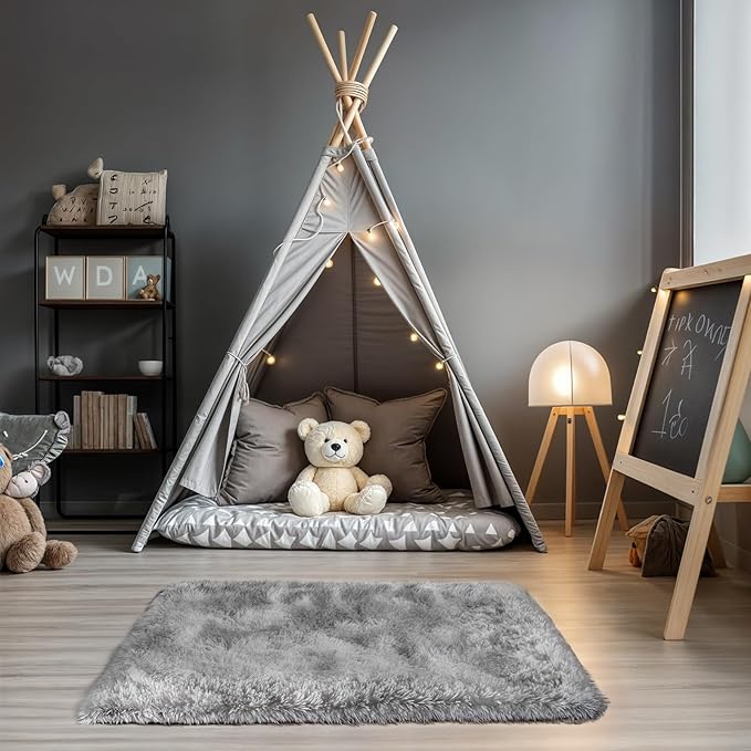 Zentavio Bedside Rugs Small 2x3 Shag Entry Entrance Rugs Soft Bedroom Carpet Area Rugs for Dorm College Essentials Non-Slip Living Room Throw Rug Home Decor Aesthetic Nursery Tie-Dyed Grey White