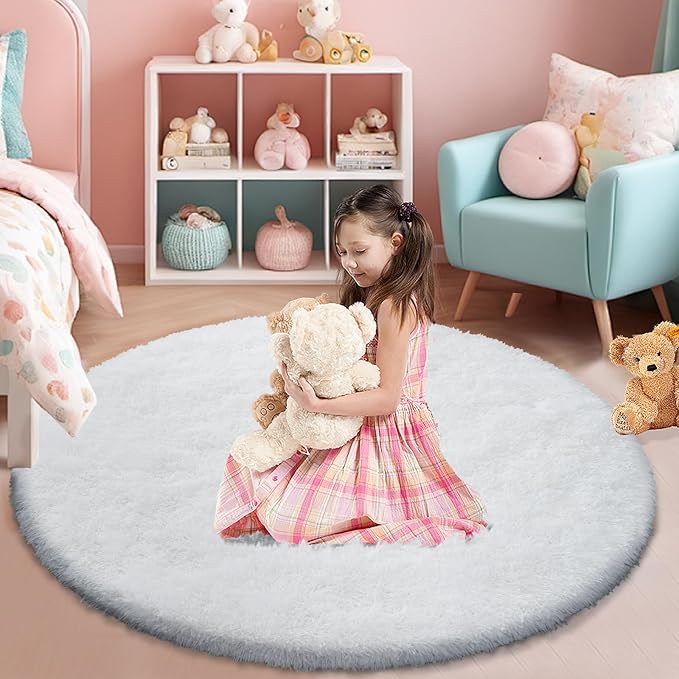 White Fluffy Round Area Rugs for Bedroom,6'X6'Shag Circle Area Rugs for Girls Room,Non Slip Fuzzy Plush Rug for Kids Room Living Room and Dorm Home Decor Rug