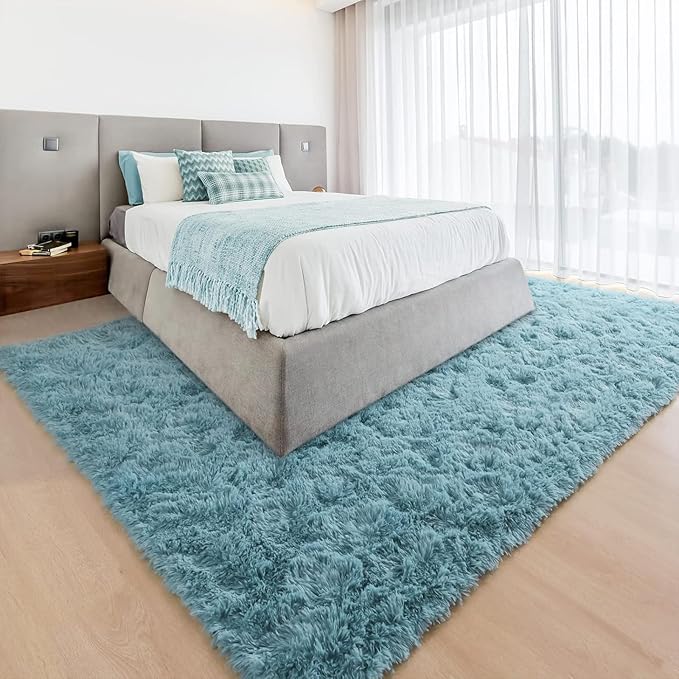 YJ.GWL Area Rugs for Living Room Bedroom, 3x5 Machine Washable Small Teal Bedside Rug, Soft Fluffy Shaggy Thick Shag Indoor Floor Carpet for Kids Boy and Girls Room Preppy Dorm Home Decor Aesthetic