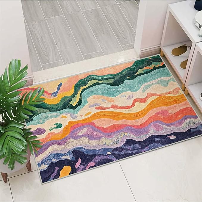 2x3 Entryway Rugs Machine Washable Area Rug Purple Yellow Pink Green Modern Abstract Colorful Rug Non-Slip Low Pile Door Mat Entrance Small Carpet for Home Kitchen Bathroom Bedroom
