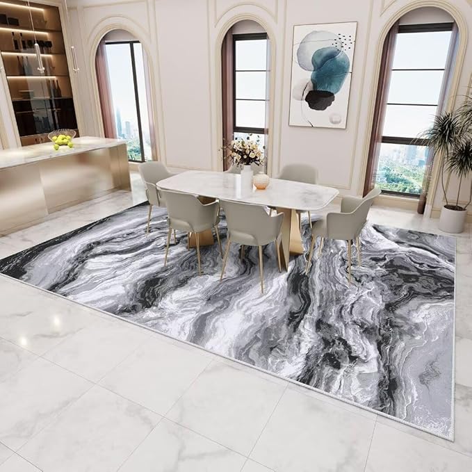 Washable Area Rug 9x12 - Artistic Style Modern Rug for Living Room Bedroom Dining Room, Soft Low Pile Machine Washable Carpet, Non Slip Non Shedding Area Rug - Grey/White, 9'x12'