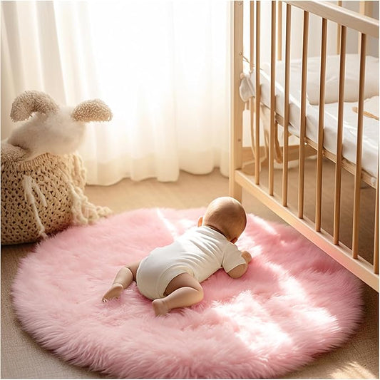 Ashler Faux Fur Rug, Pink Fluffy Shaggy Area Rug, Soft 3x3 Ft Round Fur Rug, Fuzzy Machine Washable Carpet, Nursery Rug for Kids Bedroom, Living Room