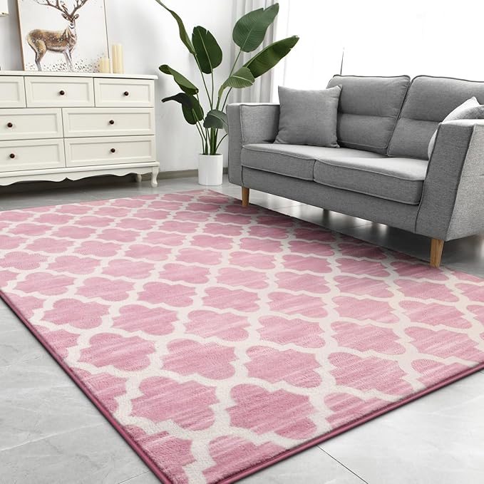 Geometric Shag Modern Area Rug for Living Room Bedroom, 3x5 Distressed Moroccan Fluffy Rug Indoor Carpet for Kids Nursery Bedside Room Decor, Memory Foam Super Soft Shaggy Rugs, Pink/White