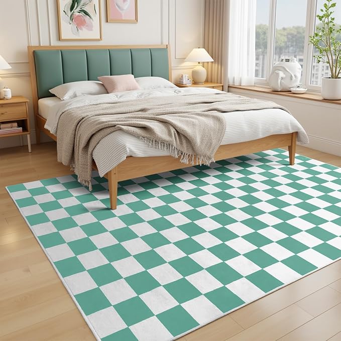 Terrug Green and White Checkered Rug for Living Room Bedroom, 5x7 Soft Washable Area Rug with Non Slip, Low Pile Stain Resistance Carpet for Kids Room Entryway Kitchen Dorm