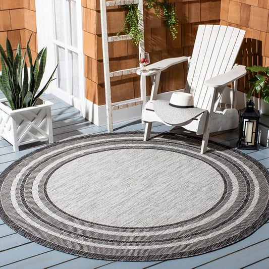 SAFAVIEH Courtyard Collection Area Rug - 7'10" Round, Light Grey & Black, Indoor/Outdoor, Weather Resistant & Washable, Ideal for Patio, Backyard, Mudroom, Deck (CY8475)