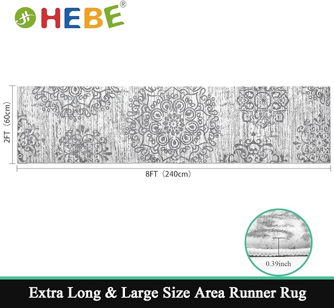 HEBE Hallway Runner Rug 2'x8' Washable Vintage Distressed Area Rugs Non Slip Laundry Rug Runner Boho Floor Carpet Runners for Hallways Entryway Laundry Room Kitchen Bathroom,Grey