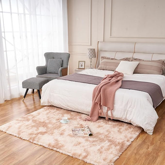 4x6 Fluffy Shag Living Room Rugs, Indoor Tie Dye Beige Furry Area Rug, Bedroom Super Soft Anti-Skid Shaggy Floor Carpet, Kids Girls Boys Room, Dorm Nursery RoomsHome Decor Aesthetic