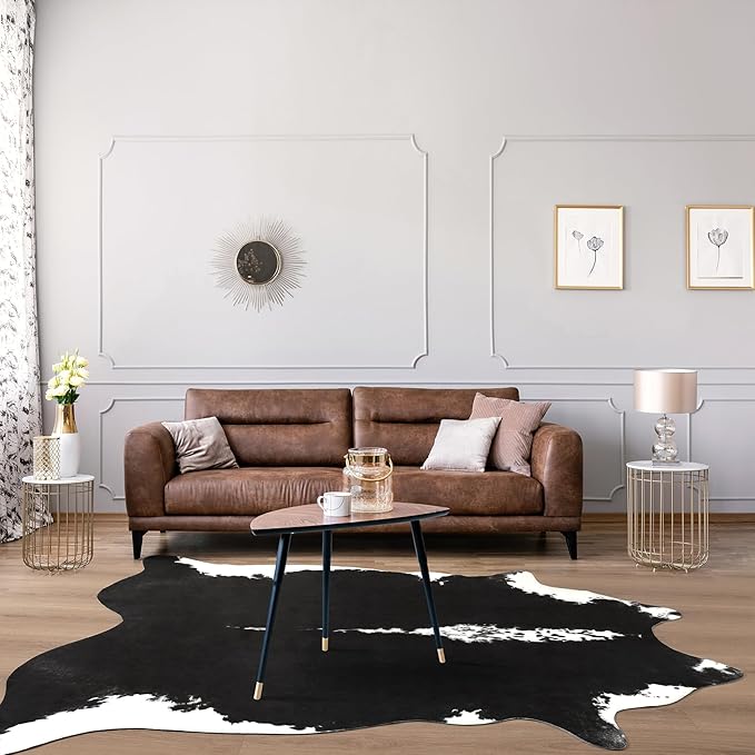 BENRON Premium Cowhide Rug Black, Faux Cow Hide Rugs for Living Room Bedroom Western Home Decor, Non Slip Cute Rug with Irregular Animal Skins and Hides, 5.2 x 6.2ft