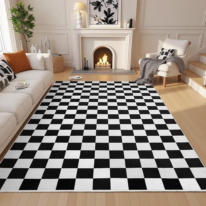 Terrug Black and White Checkered Rug for Living Room Bedroom, 5x7 Soft Washable Area Rug with Non Slip, Low Pile Stain Resistance Carpet for Kids Room Entryway Kitchen Dorm
