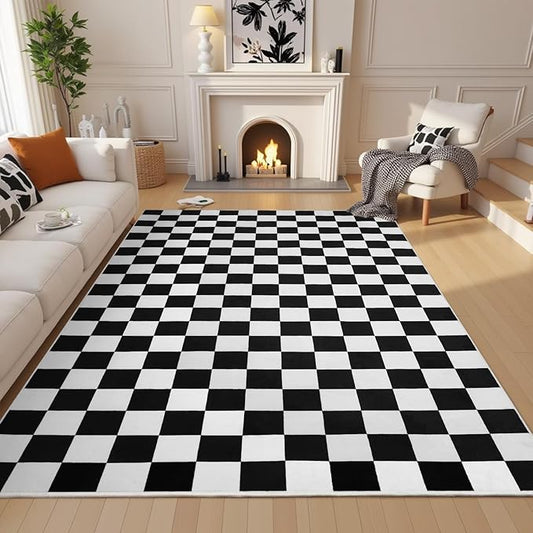 Terrug Black and White Checkered Rug for Living Room Bedroom, 8x10 Soft Washable Area Rug with Non Slip, Low Pile Stain Resistance Carpet for Kids Room Entryway Kitchen Dorm