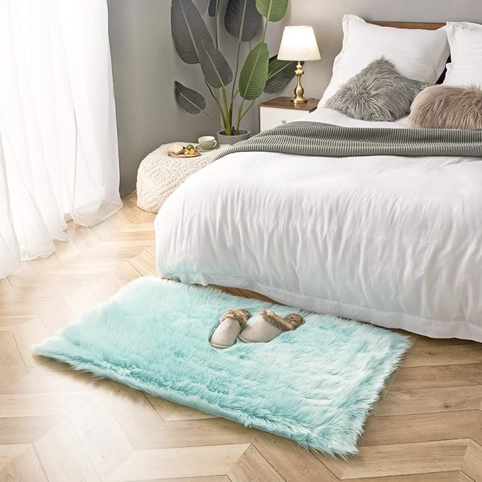 Ashler faux fur rug, Fluffy Shaggy Area Rug Ultra Soft 2.2 x 4 Feet Rectangle Fur Rug, Turquoise Fuzzy Rug Machine Washable Shag Rug, Nursery Decor Throw Rugs for Bedroom, kids room, Living Room