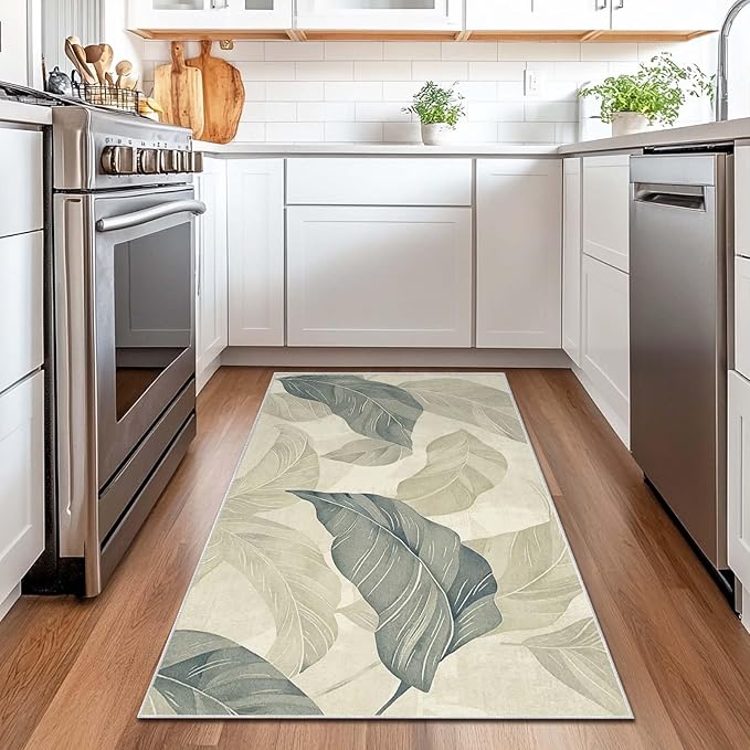 3x5 Entryway Rug Vintage Botanical Leaf Beige Area Rug Bedroom Bedside Thin Small Carpet Bathroom Non Slip Indoor Entrance Low Pile Door Mat Kitchen Stain Resistant Washable Machine
