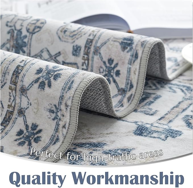 jinchan Hallway Runner Rug 3x10 Washable - Vintage Floral Non Slip Low-Pile Soft Ultra-Thin Faux Wool Kitchen Rug Distressed Carpet Runner for Farmhouse Bedroom Laundry (3x10ft,Blue)