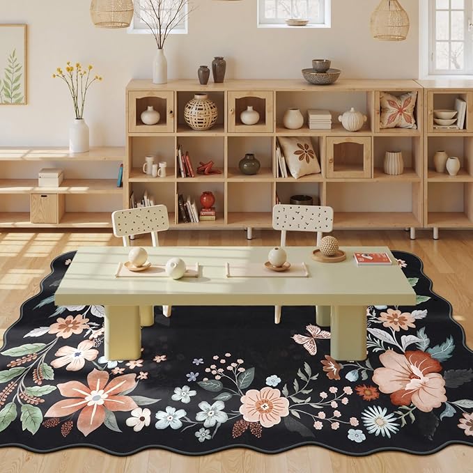 Beeiva 5x7 Rugs for Living Room, Floral Washable Area Rug for Bedroom Under Bed, Thin Low Pile Foldable Large Carpet for Office, Playroom, Dining Room - Black