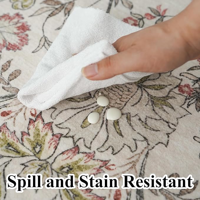 2x5 Rug Runner Washable: Non-Slip Oriental Floral Carpet for Bathroom Kitchen Hallway - Farmhouse Low Pile Stain Resistant Long Thin Front Door Mat 2x5 Off - White/Green/Multi