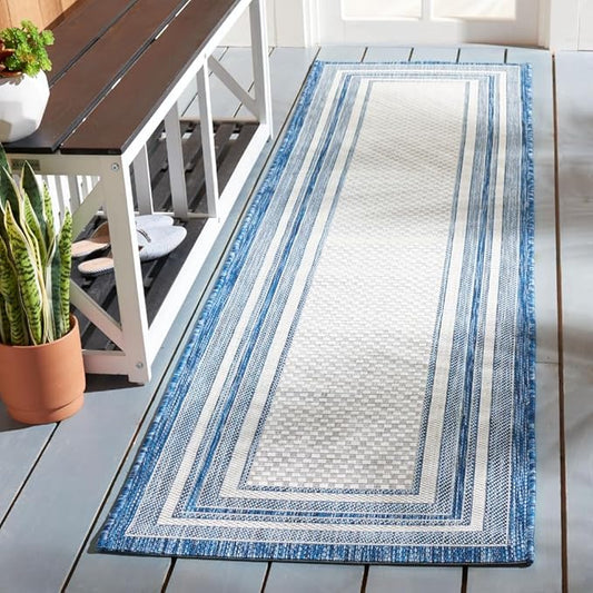 SAFAVIEH Courtyard Collection Runner Rug - 2'3" x 6'7", Ivory & Navy, Non-Shedding & Easy Care, Indoor/Outdoor & Washable-Ideal for Patio, Backyard, Mudroom (CY8475-53412)