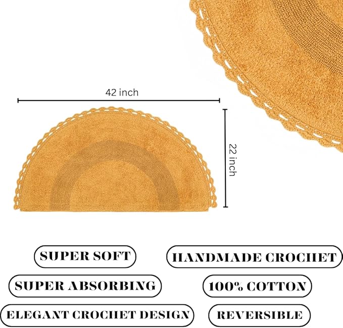 Half Circle Bohemian Bathroom Rug with Handwoven Chrochet Border, Beautifully Handcrafted 100% Cotton Mat - 22x42", Round Boho Bedroom Rug, Boho Bathroom Décor, Machine Washable - Honey Mustard