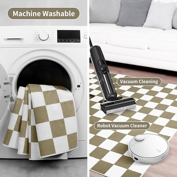 Terrug Beige and White Checkered Runner Rug for Bedroom, 2x6 Soft Washable Rug with Non Slip, Low Pile Stain Resistance Carpet for Entryway Hallway Kitchen Laundry Living Room